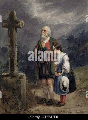 Un vecchio contadino e una ragazza che pregano di fronte a una croce in un paesaggio montuoso, Henri Dorschwiller (Colmar 1783 - 1859 Parigi), disegno, acquerello, 25,7 x 20 cm Foto Stock