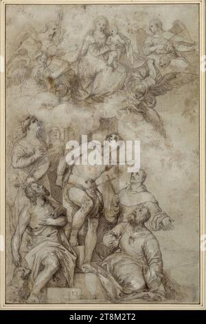 La Madonna col bambino sulle nuvole, circondata da angeli che suonano musica, apparendo a San Sebastiano, due santi femminili e tre maschili, anonimi, disegnando, penna; lavata; bianco accentuato, 39,1 x 25,4 cm, l.l. duca Alberto di Sassonia-Teschen, centro inferiore in PEN 'R.V Foto Stock