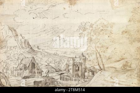 Paesaggio fluviale montuoso con casa e castello, anonimo, disegno, penna e inchiostro marrone, su gesso nero; danni all'acqua sul terzo destro (giallastro illuminato); sporco brunastro sui bordi e negli angoli; bordi tagliati irregolarmente., 20,1 x 31,1 cm Foto Stock