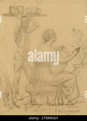 Disegno per il gruppo di figure di sinistra per "Inter Artes et Naturam", Pierre Puvis de Chavannes (Lione 1824 - 1898 Parigi), 1889/90, disegno, gesso nero su carta trasparente, 31,6 x 24,1 cm Foto Stock