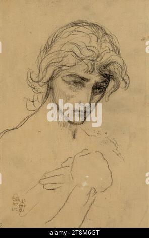 Studio della testa e delle mani per il dipinto "Der Verlorene Sohn", Pierre Puvis de Chavannes (Lione 1824 - 1898 Parigi), intorno al 1879, disegno, gesso nero, tracce di bianco opaco, su carta trasparente marrone, 28 x 20,1 cm, r.r. Estate stamp Puvis de Chavannes Foto Stock