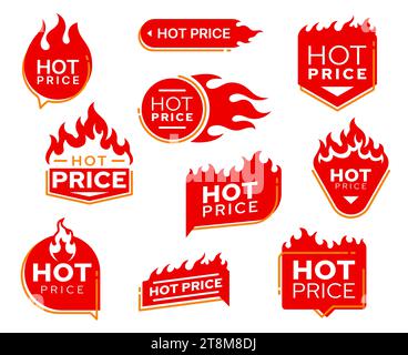 Offerte speciali con fiamme, offerta promozionale. Acquista l'adesivo del coupon di vendita, la cartellina della promozione del negozio o il cartellino del vettore del prezzo speciale del prodotto o del prezzo caldo. Sconti sulle etichette pubblicitarie con fiamme Illustrazione Vettoriale