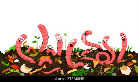 Vermicomposting. I personaggi dei vermi della terra dei cartoni animati nel terreno dell'humus compost. Agricoltura compost del suolo dei lombrichi, agricoltura rifiuti organici riciclaggio fondo vettoriale con vermi allegri personaggi in humus Illustrazione Vettoriale