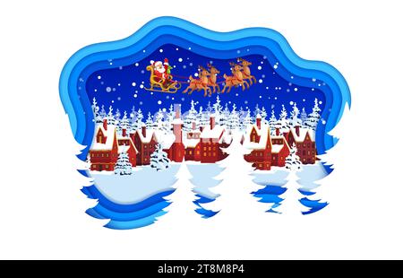 Striscione tagliato in carta natalizia con Babbo Natale su slitta e città innevata invernale, cartone animato vettoriale papercut. Biglietto natalizio per le vacanze invernali con Babbo Natale e borsa regalo su slitta di renna a strati tagliati in carta Illustrazione Vettoriale