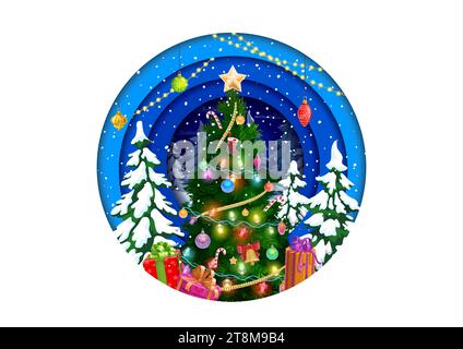 Carta rotonda di Natale tagliata con pino natalizio, regali e decorazioni. Telaio vettoriale in 3d papercut per Natale con effetto stratificato, fiocchi di neve e abete o abete decorato con baubles e ghirlande Illustrazione Vettoriale