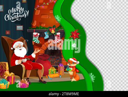 Carta di Natale tagliata con Babbo Natale e volpe vicino al caminetto delle feste. Sfondo celebrativo del felice anno nuovo, biglietto di auguri vettoriale 3d con personaggio di Babbo Natale in sedia, regalo e carino animale Illustrazione Vettoriale