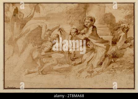 Sacra famiglia con due angeli di fronte alla base di una colonna in un paesaggio aperto, Giovanni Francesco Castiglione (Genova 1642 - 1710 Genova), disegno, penna, inchiostro, lavaggio, 23 x 34,7 cm, l.l. Duca Alberto di Sassonia-Teschen, in basso a sinistra vecchia penna e inchiostro 'Castilione Foto Stock