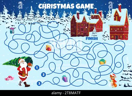 Labirinto natalizio per il divertimento e lo svago dei bambini. Foglio di lavoro vettoriale per bambini, cartoni animati Babbo Natale con alberi di pino in vacanza che cercano la strada giusta per una città innevata. Gioco da tavolo, enigmi educativi per bambini o test Illustrazione Vettoriale