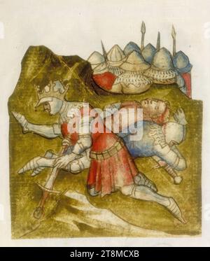 Saul cade sulla sua spada, History Bible, Anonymous, 1420 - 1430, disegno, disegno a penna colorata Foto Stock