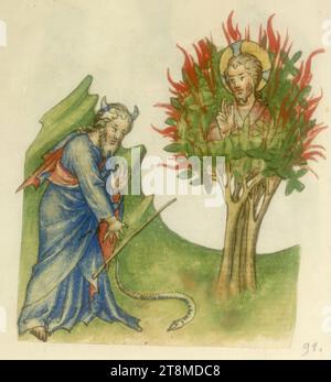 Dio appare a Mosè nel cespuglio in fiamme, History Bible, anonimo, 1420 - 1430, disegno, disegno a penna colorata Foto Stock