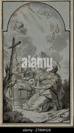 Penitente Santa Maddalena (bozza per la foto dell'altare laterale nell'ex chiesa gesuita di Wiener Neustadt), Michelangelo Unterberger (Cavalese 1695 - 1758 Vienna), disegno, penna e inchiostro marrone con lavaggi grigi e riflessi bianchi su carta blu-grigio, 28 x 15,7 cm Foto Stock