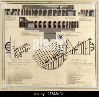 Abbildungstafeln zu dem Großfolioband „Vestigia delle Terme di Tito e i loro dipinti interni": indice del piano della metropolitana, serie 55-teilige zu den Baths of Tito, Vincenzo Brenna (Florenz 1747 - 1818 Dresda), Marco Carloni (Rom 1742 - 1796 Rom), Franciszek Smuglewicz (Warschau 1745 - 1807 Vilnius), um 1780, Zeichnung, Aquarell, Deckfarben, Blatt: 52,5 x 57,5 cm, M.O. 'parte pma'; l.u. 'Vincenzo Brenna Arch. Disegno"; m.u. "al Ludovico Mirri Mercante de quadri incontro a Palazzo Bernini a Roma Foto Stock