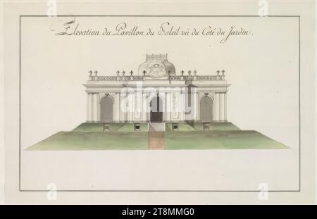 Elevazione del Pavillon du Soleil dal Coté du Jardin, Herzog Albert von Sachsen-Teschen (Moritzburg 1738 - 1822 Vienna), intorno al 1782, disegno, inchiostro, penna, acquerello, 25,4 x 39,2 cm, M.O. 'elevazione del Pavillon du Soleil dal Coté du Jardin Foto Stock