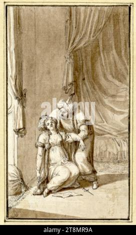 Scena drammatica in costumi orientali in una camera da letto (una donna che crolla tra le braccia di un uomo, una lettera e un pugnale sul pavimento di fronte ad esso), Jacob Wilhelm Mechau (Lipsia 1745 - 1808 Dresda), seconda metà del XVIII secolo, disegno, penna nera, pennello marrone, lavaggio; tracce di stilizzazione cieca, 11 x 6,2 cm, l.l. duca Alberto di Sassonia-Teschen Foto Stock