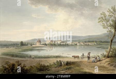 Vista di Dux/Duchcov nella regione ceca settentrionale di Ústecký kraj ai piedi dei Monti ore nel bacino della Boemia settentrionale, otto chilometri a sud-ovest di Teplice, da ovest, Joseph Mössmer (Vienna 1780 - 1845 Vienna), 1812, Drawing, gouache, 25,5 x 39, 1 cm, sinistra e destra: Albert von Sachsen-Teschen Foto Stock