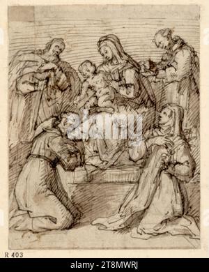 Conversazione Sacra. (La Madonna e il bambino sul trono; accanto a lei ci sono i Santi Paolo e Stefano; inginocchiati davanti a lei ci sono un monaco e una suora), Ventura Salimbeni (Italia, c. 1567/68 - 1613), disegno, gesso; piume; lavaggio grigio, 13,1 x 10,2 cm, l. Duca Alberto di Sassonia-Teschen Foto Stock