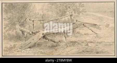 Paesaggio con ponte in rovina, Carl Pischinger (Niederhollabrunn-Streitdorf 1823 - 1886 Liezen), 1850, disegno, matita, foglio: 11,2 x 23,7 cm Foto Stock