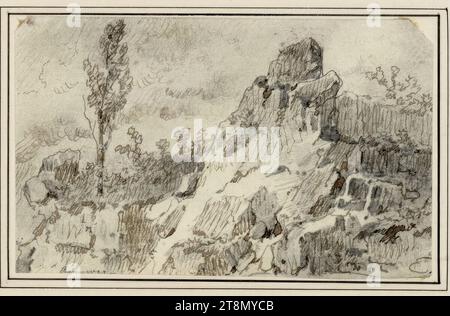 Paesaggio roccioso con albero, Carl Pischinger (Niederhollabrunn-Streitdorf 1823 - 1886 Liezen), disegno, matita, penna, supporto immagine: 7,7 x 12,4 cm, l.l. lettering illeggibile Foto Stock