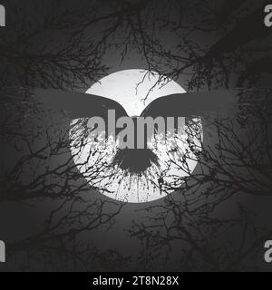 Raven alberi notturni e luna Illustrazione Vettoriale