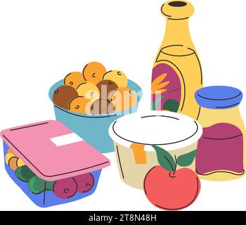 Prodotti in cestino per il pranzo, spuntini per la razione giornaliera Illustrazione Vettoriale