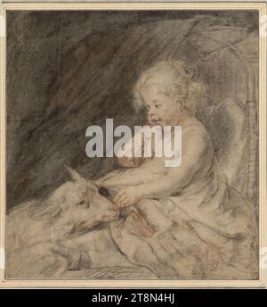 Bambino con una pipa da pastore nella culla e un agnello che poggia la testa sulle ginocchia, Jacob Jordaens (Anversa 1593–1678 Anversa), disegno, gesso sanguino e nero, lavato, grigio e marrone, esaltato con gesso bianco, su carta marrone; iscrizione: matita di grafite, 27 x 25,5 cm, l.l. Duca Alberto di Sassonia-Teschen, l.u. 'Jordaens' (con un'altra mano); cartone: 'copiato dall'originale di Wittouch. [J Medes]. d. album 1905 Foto Stock