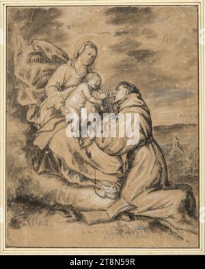 St Antonio, inginocchiato davanti a Maria e adora il bambino, anonimo, disegno, pennello e inchiostro nero, lavaggio grigio, accresciuto con bianco opaco, su carta marrone chiaro., 24,8 x 19,8 cm, l. e duca Alberto di Sassonia-Teschen, giusto. sotto con matita di grafite: 'blunocc [..... ?] (informazioni sul colore?)" - Dalle stesse informazioni di colore sopra e destra, così come tra le teste di Antonio e Cristo bambino: 'Rouga', 'blua', 'rou, lingo Foto Stock