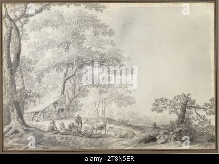 Rifugio ai margini della foresta con pastori e bestiame, Anthony Jansz. Van der Croos (Alkmaar? 1606/07 - 1662/63 l'Aia), 1641, disegno, matita di grafite, lavaggio grigio, su pergamena; strisce marginali superiori e destre, 24,4 x 35,2 cm Foto Stock