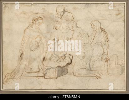 L'Adorazione dei Pastori, disegno, penna e inchiostro marrone, lavaggio grigio; sporcizia in diversi punti; pieghe orizzontali continue nell'area superiore., 14,9 x 21,4 cm, l. e duca Alberto di Sassonia-Teschen Foto Stock