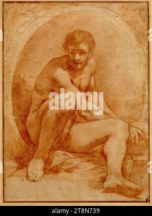 Diogene davanti, seduto nella sua botte, tenendo una ciotola in entrambe le mani a destra, Pietro da Cortona (Cortona 1596 - 1669 Roma), anni '1630, disegno, gesso rosso, 33,4 x 24,4 cm, r.l. Conte Gelosi; l.b. duca Alberto di Sassonia-Teschen Foto Stock