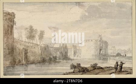 Vista sul fossato delle mura e del cancello di una città, Bonaventura Peeters (Anversa 1614 - 1652 Anversa), disegno, penna e inchiostro in lavaggi grigio-marrone, marrone e grigio (con bianco opaco in punti), su matita di grafite, 17,4 x 30,7 cm, l.l. duca Alberto di Sassonia-Teschen Foto Stock