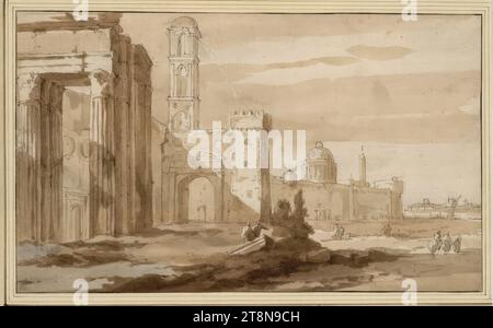 Rovine di antichi templi e fortificazioni di una città portuale meridionale, Jacob van der Ulft (Gorinchem 1621 - 1689 Noordwijk), disegno, penna (pennello?) in marrone, marrone e grigio, su matita di grafite. Linea di faglia inclinata sopra il cancello; piccoli difetti sul bordo sinistro., 17,7 x 29,2 cm, l. Duca Alberto di Sassonia-Teschen Foto Stock