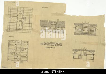 Capanna per la gestione dei lavori edili per la Scuola della Foresta Nera i, Semmering, comune di Breitenstein, bassa Austria, planimetria, sezione, facciata, intorno al 1912-1913, disegno architettonico, carta trasparente; inchiostro, 420 x 643 mm Foto Stock