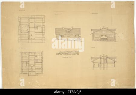 Capanna per la gestione dei lavori edili per la Scuola della Foresta Nera i, Semmering, comune di Breitenstein, bassa Austria, planimetria, sezione, facciata, intorno al 1912-1913, disegno architettonico, rottura, 500 x 757 mm Foto Stock