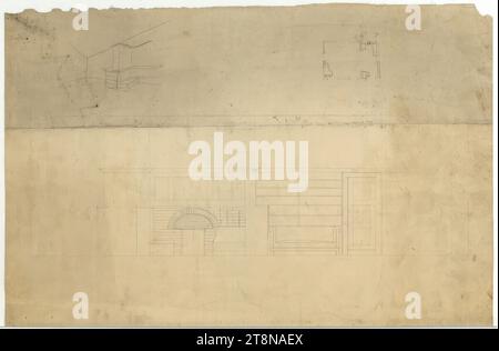 Camino e sala musica, viste varie, planimetrie, disegno architettonico, carta da disegno; matita, 402x612 mm Foto Stock