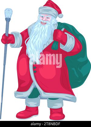 Babbo Natale con la borsa dietro la schiena e il personale. L'illustrazione vettoriale riporta in vita l'affascinante immagine di Babbo Natale in pelliccia e cappello di pelliccia. Illustrazione Vettoriale