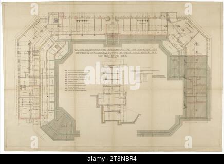 Scuola Foresta Nera i, Semmering, comune di Breitenstein, bassa Austria (sul pendio del Pinkenkogel), III Seminterrato, 1911-1912, disegno architettonico, stampa planimetria colorata, 830 x 1211 mm Foto Stock