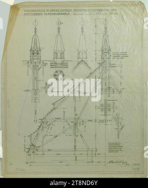 Arnoldstein, scuola elementare, costruzione capriate per tetti in sezione trasversale e torretta di crinale in sezione, viste e planimetria, Alfred Castelliz (artista, Celje 1870 - 1940 Vienna), 1909, disegno architettonico, carta trasparente; disegno preliminare a matita e a penna (nero), successive iscrizioni a matita, 43,8 x 36,2 cm, 'VOLKSSCHULE IN ARNOLDSTEIN. DETTAGLIO DI COSTRUZIONE/TELAIO CENTRALE, BL.16."; dettagli di progettazione, preventivi, scala e firma con data '09 Foto Stock