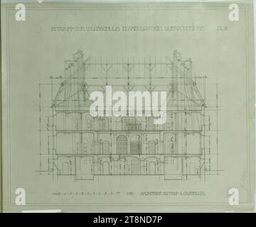 Arnoldstein, scuola elementare, sezione trasversale e-F, Alfred Castelliz (Celje 1870 - 1940 Vienna), 1909, disegno architettonico, carta da disegno; disegno preliminare a matita e penna (nero), 36,1 x 43,5 cm, 'BOZZA PER LA SCUOLA ELEMENTARE DI ARNOLDSTEIN. SEZIONE TRASVERSALE. E.F./ BL.8./ ARCHITECT Z.V. PROF. A.CASTELLIZ."; quotazioni e scala Foto Stock