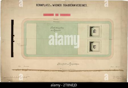 Vienna, Krieau, impianto di trotto, piano del sito, 1880, 1880, disegno architettonico, penna, acquerello colorato, voci in inchiostro rosso; carta, ditta;, 57 x 88,3 cm, "RENCOURSE OF THE WIENER TRABRENNVEREIN". Informazioni funzionali, informazioni tecniche, scala, datazione: "Vienna, 5 febbraio, 1880.', firma Foto Stock