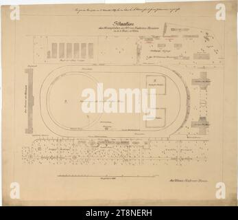 Vienna, Krieau, impianto di trotto, piano del sito, 1899, 1899, disegno architettonico, copia con penna nera e rossa; carta, spessore medio, 64,1 x 75 cm, scritta a mano (con penna nera): "una copia identica il 6 novembre 1899, presso l'alto regno unito fonds private and Family fonds Goods direction submitted." scritto a mano (con penna rossa): numerazione degli edifici e modifica parziale dell'etichettatura del piano informativo sull'utilizzo (informazioni topografiche, informazioni sull'utilizzo, ecc.) Foto Stock