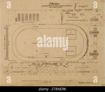 Vienna, Krieau, impianto di trotto, piano del sito, 1899, 1899, disegno architettonico, copia con iscrizione a penna rossa e nera; carta, spessore medio, 54,1 x 66,1 cm, 'situazione/ dell'ippodromo del Vienna Trotting Club/ nel k.k. Prater di Vienna.' informazioni topografiche, etichettatura dei singoli edifici Foto Stock