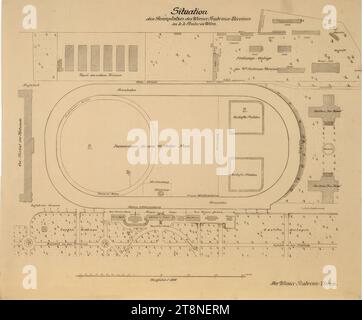 Vienna, Krieau, impianto di trotto, piano del sito, 1899, 1899, disegno architettonico, progetto; carta, spessore medio, 55,3 x 66,3 cm, 'situazione/ dell'ippodromo del Vienna Trotting Club/ nel k.k. Prater di Vienna.' informazioni topografiche, etichettatura dei singoli edifici Foto Stock