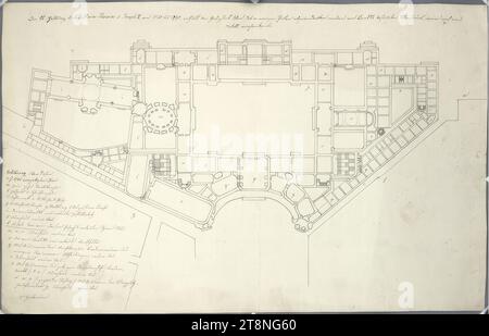 Vienna i, Hofburg, Aman ricostruzione, disegno preliminare per la planimetria complessiva dei nuovi progetti di costruzione o edifici costruiti tra il 1740 e il 1790, 1824, planimetria, grafite (disegno preliminare); penna e inchiostro nero, foglio: 42,3 x 66,2 cm, recto: 'Die kk. Hofburg sotto Maria Teresa e Giuseppe II dal 1740 al 1790: Contiene la pianta principale del nuovo edificio del castello progettato da Carlo vi, modificato in alcune parti, di cui è ancora disponibile un modello.", stanze contrassegnate, una spiegazione sul retro: "No. 384/5 Foto Stock