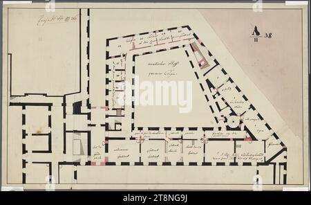 Vienna i, Hofburg, Amalienburg, progetto di conversione e nuova costruzione, 1° piano, planimetria, Nikolaus Franz Leonhard von Pacassi (Wiener Neustadt 1716 - 1790 Vienna), 1764, planimetria, gesso (disegno preliminare); penna nera e seppia; lavaggio multicolore, foglio: 32,7 x 53,8 cm, recto: 'Amallischer Hoff Premier Etagée'; locali etichettati in tedesco e francese con i dettagli delle attrezzature; "progetto n. 10 (barrato) 36"; "A/II 38" verso: "Amalischer Hof Proy Haupt Stock"; "A/II 38 Foto Stock