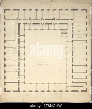 Vienna i, Hofburg, Stallburg, primo piano, piano terra, 1745, planimetria, gesso (disegno preliminare); penna nera; lavaggio grigio, foglio: 54,2 x 48,5 cm, recto: "a, Chancellerie de Guerre, B, Buchhalterey de Guerre"; camere con indicazione di utilizzo; 'piano. città n. 90." verso: "Città i, 90 Foto Stock