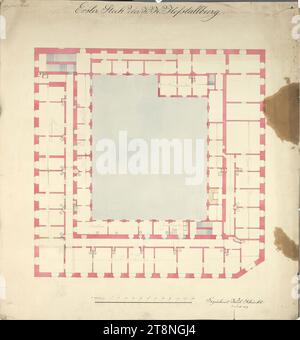 Vienna i, Hofburg, Stallburg, primo piano, piano terra, 1849, planimetria, grafite (disegno preliminare); penna nera; lavaggio multicolore, foglio: 53,9 x 50,7 cm, 'primo piano del K. K. Hofstallburg Foto Stock