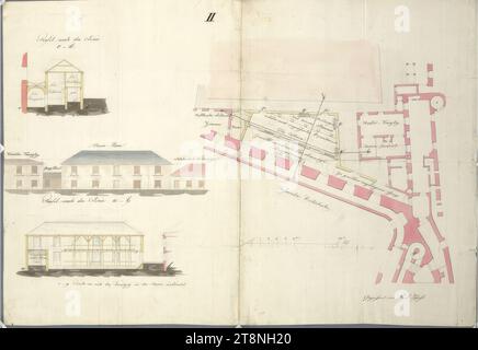 Vienna i, Hofburg, Altes Burgtheater, deposito paesaggistico recentemente progettato sul muro del cortile della Scuola di equitazione invernale, piano terra, sezioni, elevazione, 1838, pianta, grafite (disegno preliminare); penna in nero; lavaggio multicolore, foglio: 50,1 x 71,8 cm, recto: descrizioni delle stanze, spiegazioni sul retro: "II"; "681/838 Foto Stock