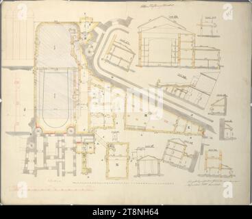 Vienna i, Hofburg, Altes Burgtheater, planimetrie e sezioni in occasione dei lavori di demolizione, 1888, planimetria, litografia, colorata; penna e inchiostro in rosso e nero, foglio: 58,2 x 71 cm, recto: 'Altes Hofburgtheater'; 'A'; 'gli edifici contrassegnati in giallo saranno demoliti nel dicembre 1888'; verso: 'ad Z. 645 ex 1888 Foto Stock