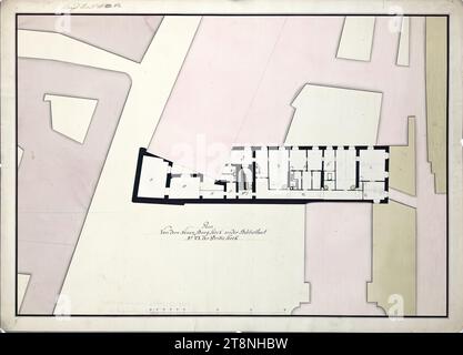 Vienna i, Hofburg, Augustinertrakt, nuovo progetto edilizio, terzo piano, planimetria (variante II), 1775, planimetria, gesso (disegno preliminare); penna e inchiostro nero; lavaggio multicolore, foglio: 45 x 62,4 cm, recto: 'planimetria, von dem Neuen Burg Stock an der Bibliothect, N°.vi Al terzo piano."; "Baupl City No. 54." Camere numerate e parzialmente incise verso: 'Stadt i, 54 Foto Stock