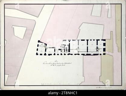 Vienna i, Hofburg, Augustinertrakt, nuovo progetto edilizio, 2° piano, planimetria (variante II), 1775, planimetria, gesso (disegno preliminare); penna e inchiostro nero; lavaggio multicolore, foglio: 44,9 x 62,4 cm, recto: 'planimetria, von dem Neuen Burg Stock an der Bibliothect, N°.V. Il secondo piano; 'Baupl City No. 53' camere numerate e parzialmente incise verso: 'Stadt i, 53 Foto Stock